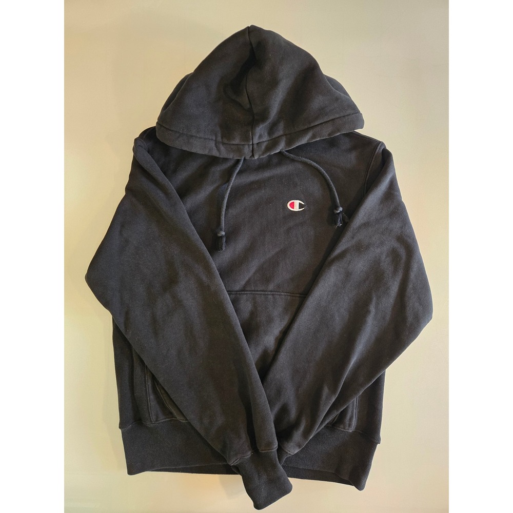 Champion Reverse Weave Hoodie Black Small Embroidered Logo Sweatshirt S